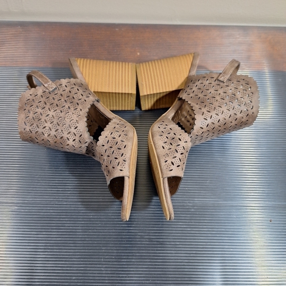 Maurices Taupe Boho Cut Out Scalloped Open Toe Slingback Stacked Heel Sandals - Picture 12 of 16